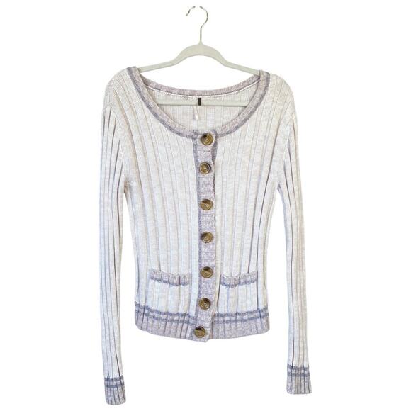 FREE PEOPLE Walk In The Park Oatmeal Ribbed Button Up Cardigan Size Medium Fall - Picture 1 of 8